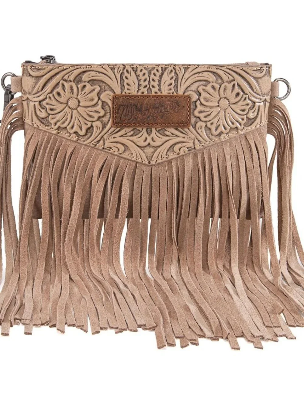 Women's Angel Khaki Wrangler Small Purse Imported Wristlet Fringe Crossbody Bag
